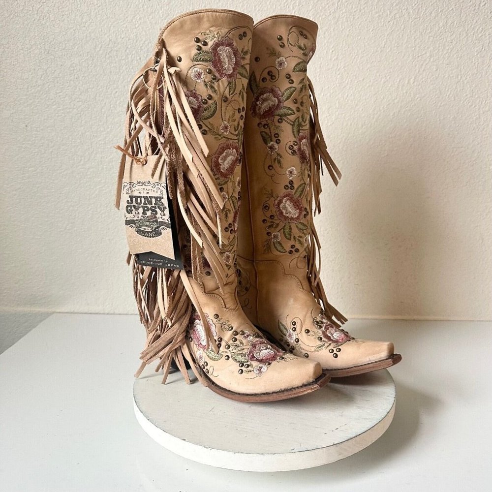 Women's Embroidered Tan Heeled Boots